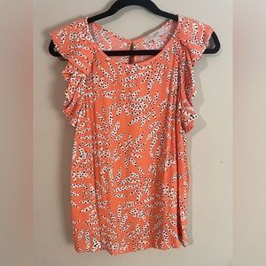 LOFT - ruffle sleeve tank - tropical polkadot leaves pattern - tangerine - S